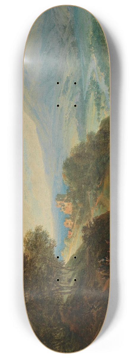 Jan Griffier - A vast mountain landscape with peasants resting near a path and a small fortified town in a valley 8.25 inch art skate deck