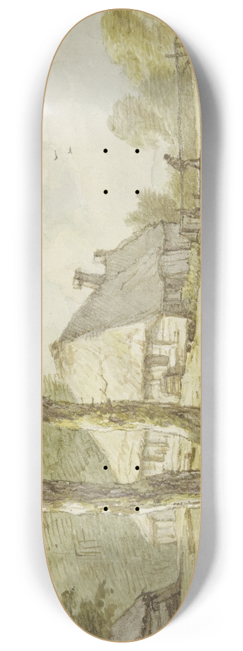 Jan Hulswit - Bei zwei Bumen ein Haus am Wasser, ein Steg, rechts die Spitze eines Kahnes 8.25 inch art skate deck