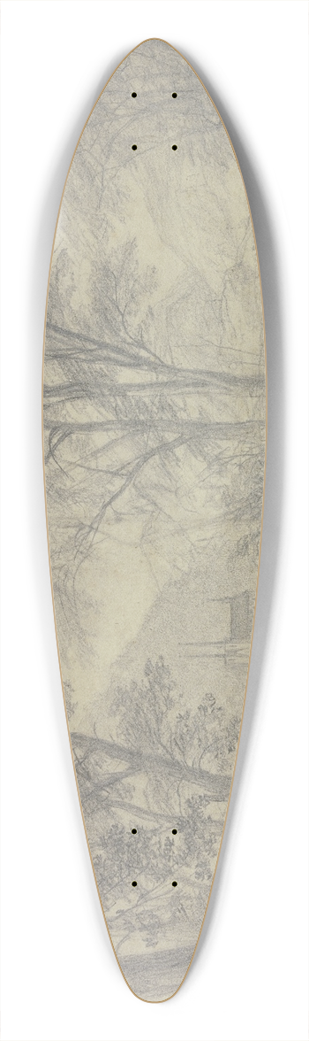 Anton Radl - Blick durch den Wald auf eine Kirche an einem Bergsee 39.3 inch art pintail longboard deck