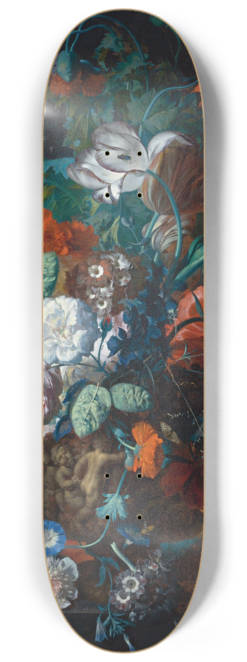 Jan van Huysum - Still Life Of Roses, Tulips, Peonies And Other Flowers In A Sculpted Stone Vase, Together With A Birds Nest On A Stone Pedestal Before A Niche 8.25 inch art skate deck