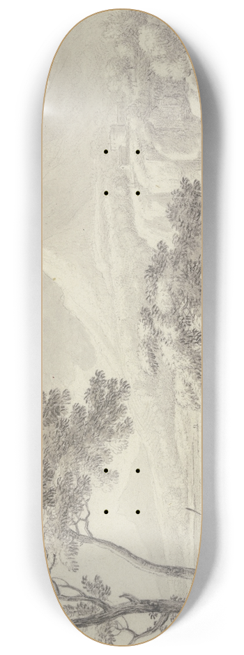 Jan Vermeer van Haarlem the Elder - An einem Fluss hoher Gebirge, links unter einer Baumgruppe zwei Khe und Schafe mit einem Hirten 8.25 inch art skate deck