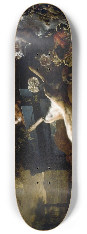 Jan Weenix - Still Life of Game including a Hare, Black Grouse and Partridge, a Spaniel looking on with a Pigeon in Flight 8.25 inch art skate deck