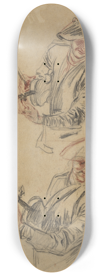 Jean-Antoine Watteau - Two Studies of a Violinist Tuning His Instrument 8.25 inch art skate deck