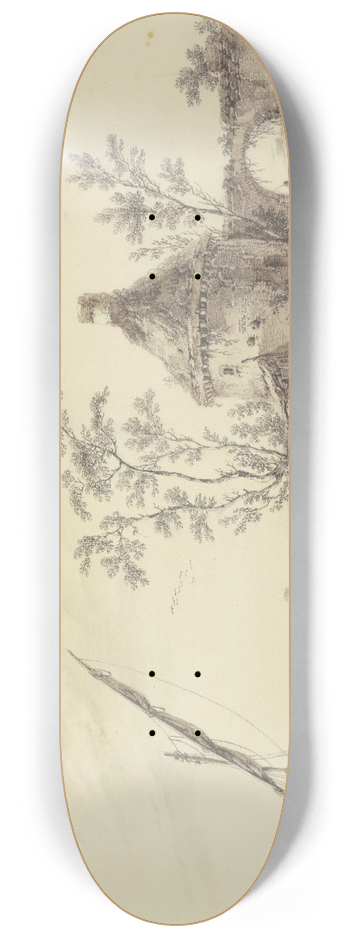 Jean-Baptiste Pillement - Flache Kstenlandschaft mit einem alten Turm und Windmhle 8.25 inch art skate deck