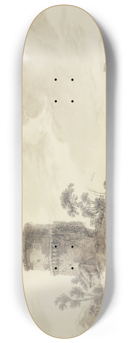 Jean-Baptiste Pillement - Flugegend, im Vordergrund ein runder, im Mittelgrund auf einer Insel ein viereckiger Turm, mit Ruinen einer Brcke 8.25 inch art skate deck