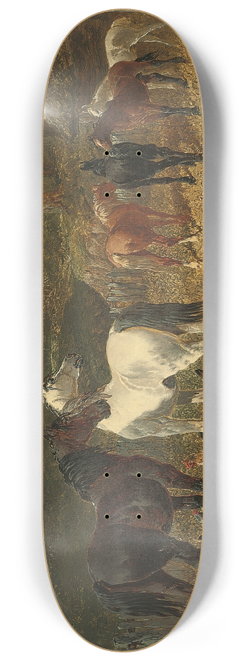 John Frederick Herring Jr. - Hens and horses by a stream 8.25 inch art skate deck