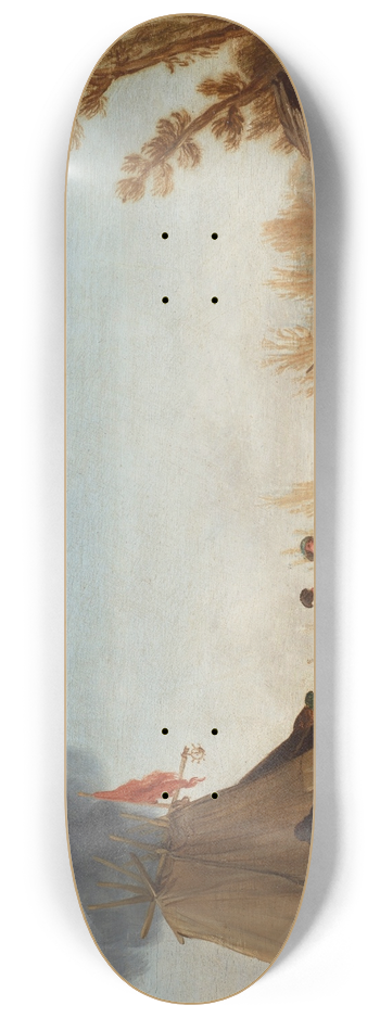 Joost Cornelisz Droochsloot - Skaters on a frozen canal with a koek-en-zopie tent 8.25 inch art skate deck