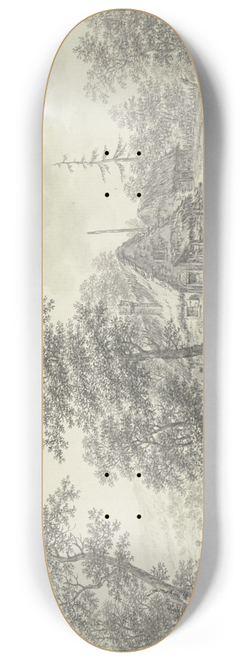 Karl Franz Kraul - Eichenwald mit zwei Strohhtten, im Vordergrund ein Bach mit zwei Bauern in einem Boot 8.25 inch art skate deck