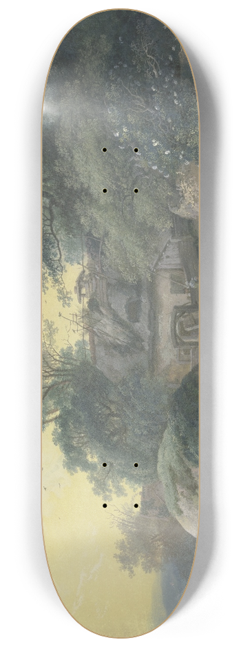 Johann Georg Wagner - Bauernhof mit Staffagefiguren unter Bumen bei einem blhenden Holunderbusch 8.25 inch art skate deck
