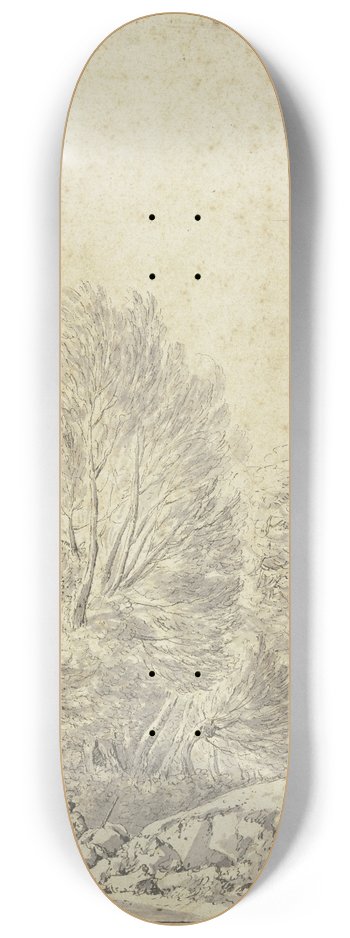Johann Heinrich Roos - Waldpartie mit zwei kahlen Bumen, im Vordergrund am Wege ruhendes Paar 8.25 inch art skate deck