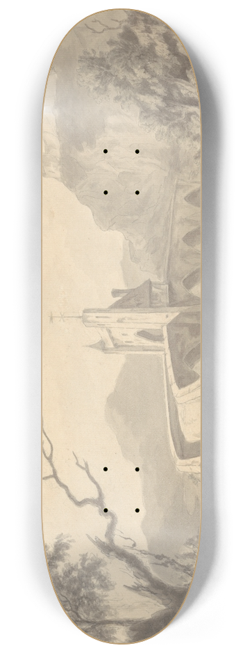 Samuel Davis - River Scene and Bridge with Artist Sketching in Foreground 8.25 inch art skate deck