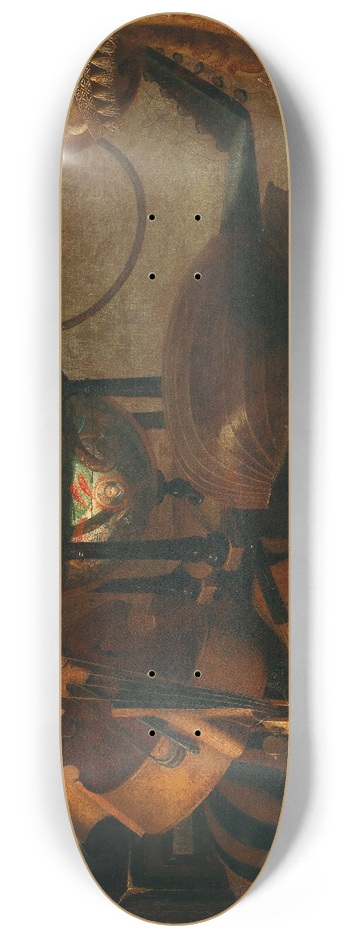 School of Bergamo - Musical instruments, a globe, book and music sheets on a table 8.25 inch art skate deck