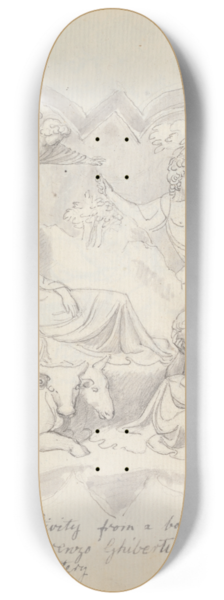John Flaxman - The Nativity, from Lorenzo Ghibertis Baptistery Doors, Florence 8.25 inch art skate deck