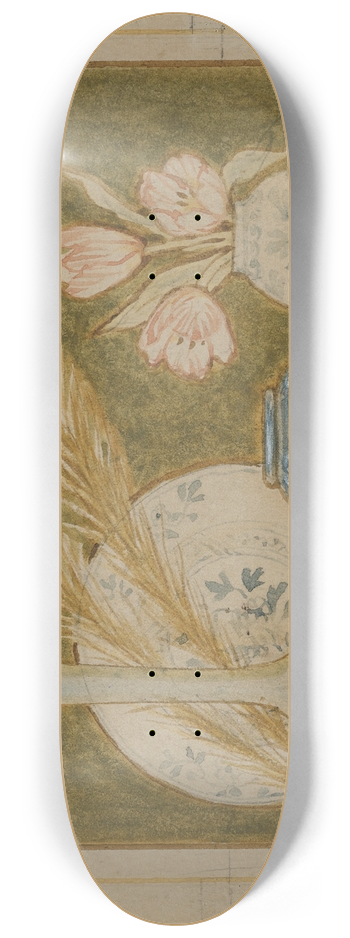 John George Sowerby - Vignette of two peacock feathers and china 8.25 inch art skate deck