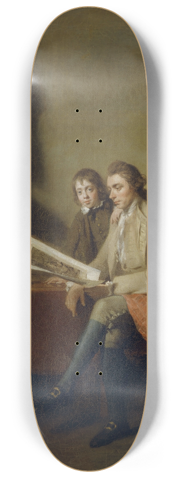 John Hamilton Mortimer - Portrait Of A Man And A Boy Looking At Prints 8.25 inch art skate deck