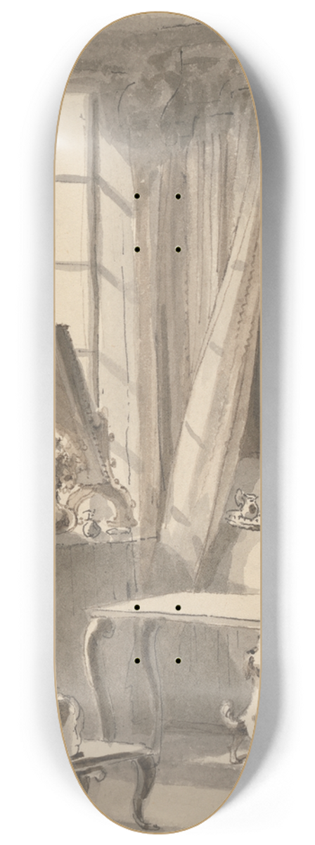 John Thomas Smith - Hogarth Has Made Breakfast and Sends up a Cup to His Wife at the Same Time Ordering the Little Dog to be Admitted to her Mistresss Bedchamber 8.25 inch art skate deck