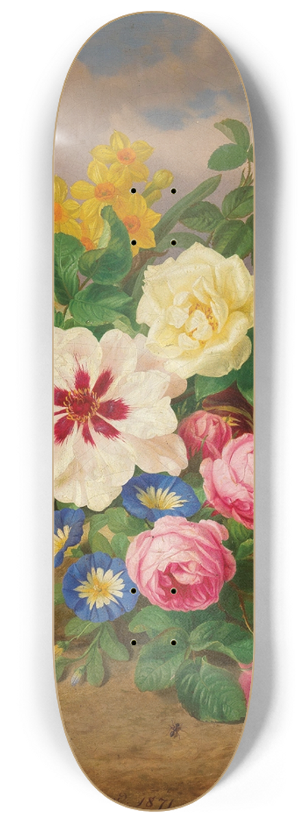 Josef Lauer - A Bouquet of Roses, Tulips and Narcissus on Sandy Ground 8.25 inch art skate deck