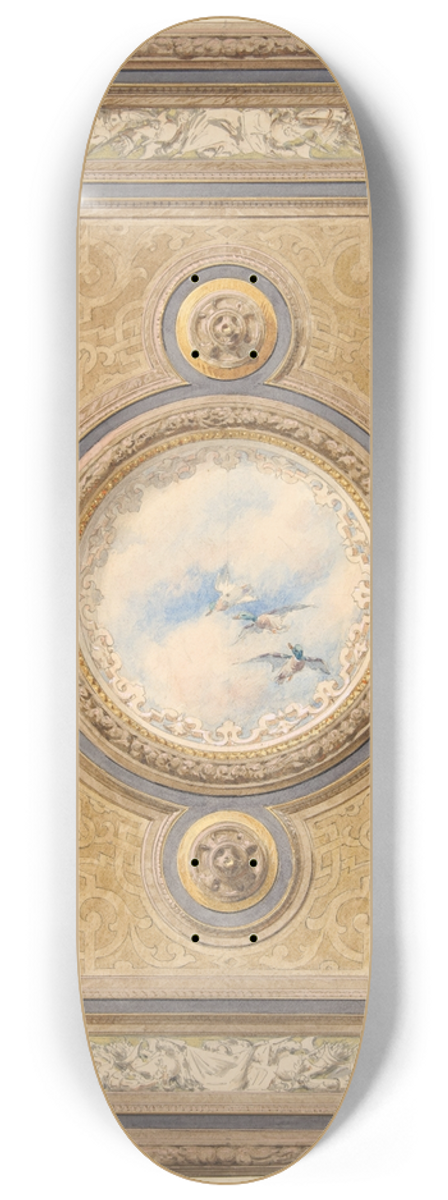 Jules-Edmond-Charles Lachaise - Design for a carved and painted ceiling with clouds and ducks in the central circular panel 8.25 inch art skate deck