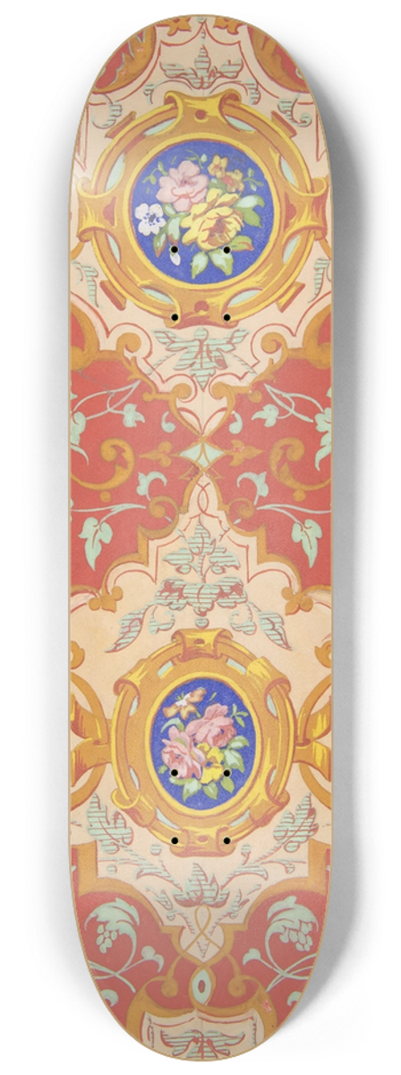 Jules-Edmond-Charles Lachaise - Design for wallpaper featuring strapwork, rinceaux, and cartouches filled with bouquets of roses 8.25 inch art skate deck
