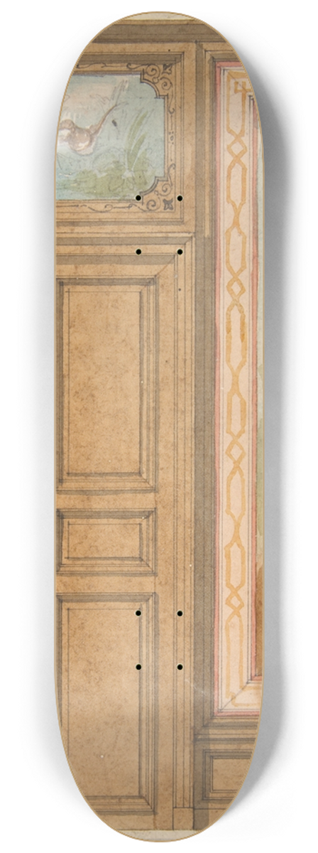 Jules-Edmond-Charles Lachaise - Elevation of a paneled wall with a mural or tapestry and a double doors surmounted by a painting of ducks 8.25 inch art skate deck