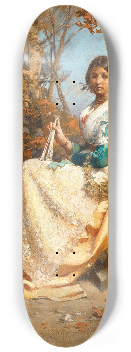Julius Victor Berger - A Spanish Girl with Fan on a Park Bench 8.25 inch art skate deck