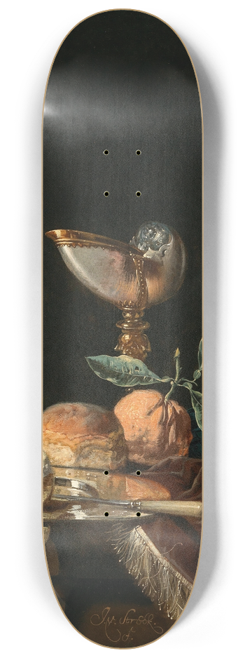 Juriaen van Streeck - A Nautilus cup, a Wan-Li Kraak porcelain bowl with mixed fruit, a silver salver and a glass of wine on a stone table with a velvet cover 8.25 inch art skate deck