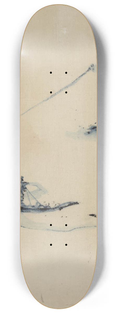 Katsushika Hokusai - A person in a small boat on a river with Mount Fuji in the background 8.25 inch art skate deck
