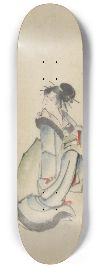 Katsushika Hokusai - A woman, possibly a courtesan, seated, facing right, with her head turned to look back over her right shoulder, wearing several hairpins 8.25 inch art skate deck