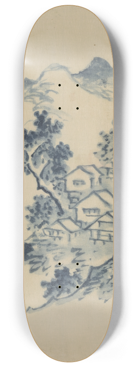 Katsushika Hokusai - Buildings nestled among trees in a mountain valley 8.25 inch art skate deck