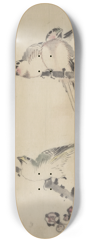 Katsushika Hokusai - Three birds perched on branches, one with blossoms 8.25 inch art skate deck