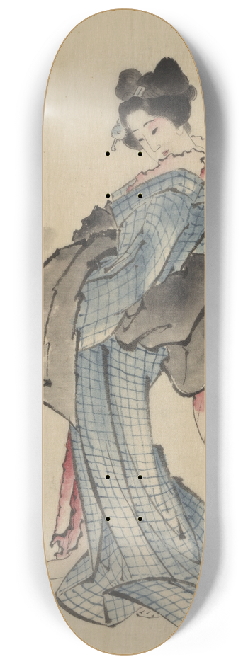 Katsushika Hokusai - Woman, full-length portrait, standing, facing left, holding fan in right hand, wearing kimono with check design 8.25 inch art skate deck