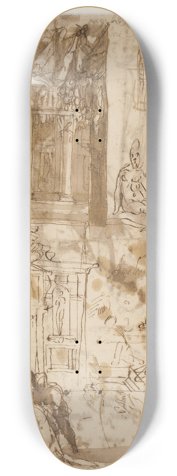 Maganza - To arkitektoniske kompositionsstudier En arkitektonisk skitse af samme og to figurstudier 8.25 inch art skate deck