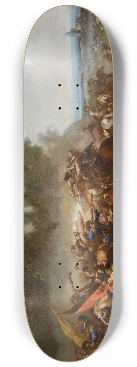 Manner Of Adam Frans Van Der Meulen - Cavalry Skirmish in an Extensive Landscape with Village in the Distance 8.25 inch art skate deck