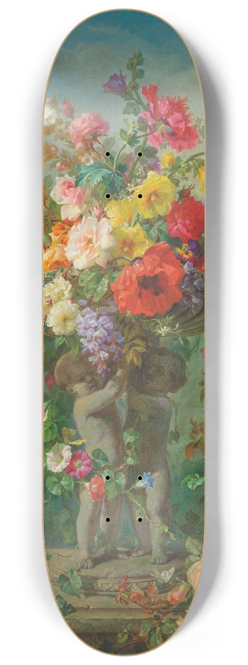 Marius Vasselon - Roses, Poppies, Hollyhocks, Pansies and Wisteria in a stone urn supported by putti on a plinth 8.25 inch art skate deck