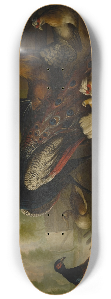 Marmaduke Cradock - An assembly of birds in a parkland setting, including a Peacock, hens and a duck 8.25 inch art skate deck