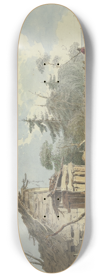 Marquard Wocher - Holzhtten am waldigen Meeresufer, rechts ein Kahn mit einer Familie 8.25 inch art skate deck