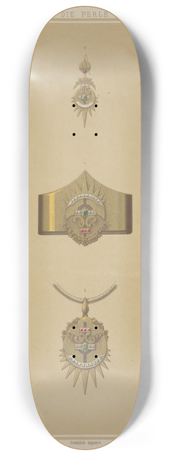 Martin Gerlach - Ten Designs For Jewelry, Including Pointed Gold Bracelet With Diamonds And Red And Green Stones. 8.25 inch art skate deck