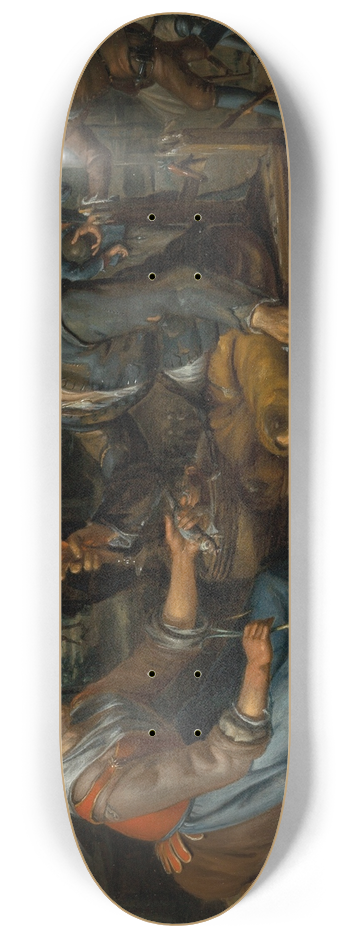 Matthijs Naiveu - A woman offering an onion and a herring to a young man holding a glass of beer, others smoking and playing skittles behind them 8.25 inch art skate deck