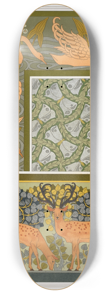 Maurice Pillard Verneuil - Cygnes et sagittaire, bordure. Pappillons et feuillages, toffe. Cerfs et biches, frise. 8.25 inch art skate deck