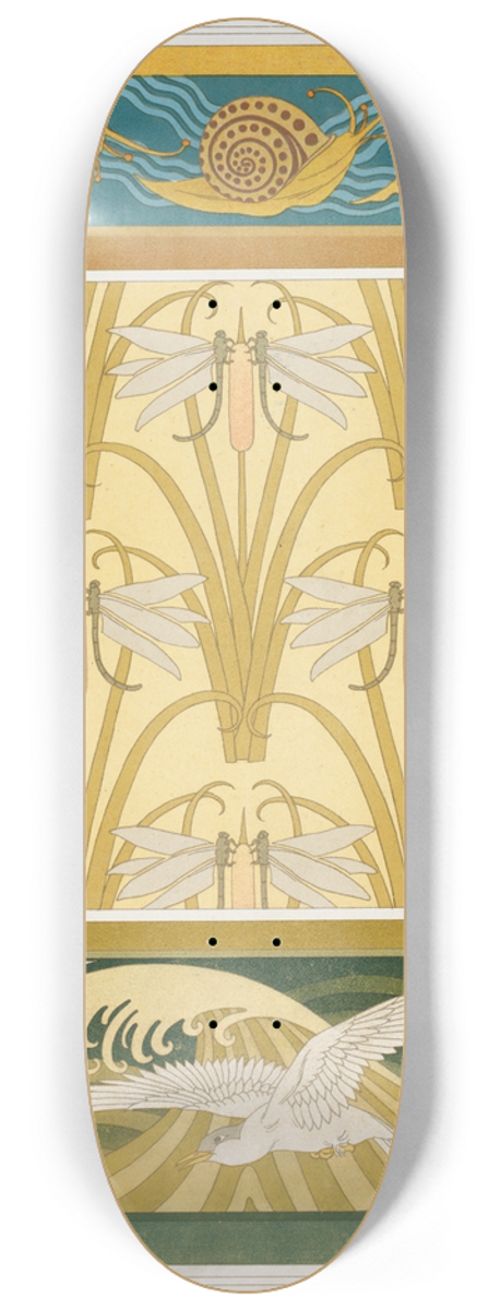 Maurice Pillard Verneuil - Escargots, bordure. Libellule et roseaux, papier peint. Mouettes, bordure. 8.25 inch art skate deck