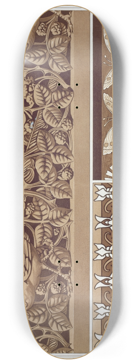 Maurice Pillard Verneuil - Faisan et ronces, bois sculpt  jour. Papillons et libellules, marqueterie. Canards et iris, pochoir. 8.25 inch art skate deck