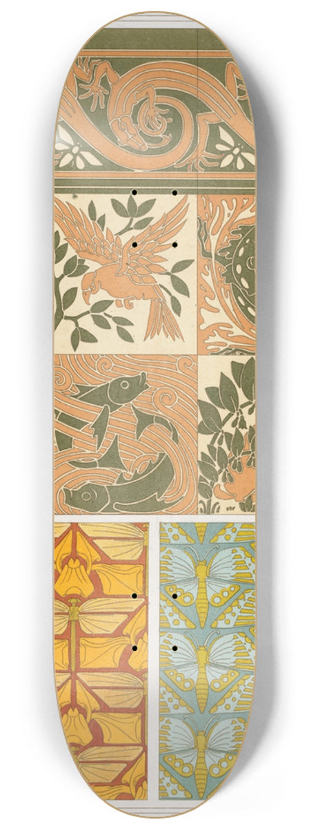 Maurice Pillard Verneuil - Hippocampes et algues, bordure. Les quatre lments, carreaux cramiques, et lzards, bordure.1897 8.25 inch art skate deck
