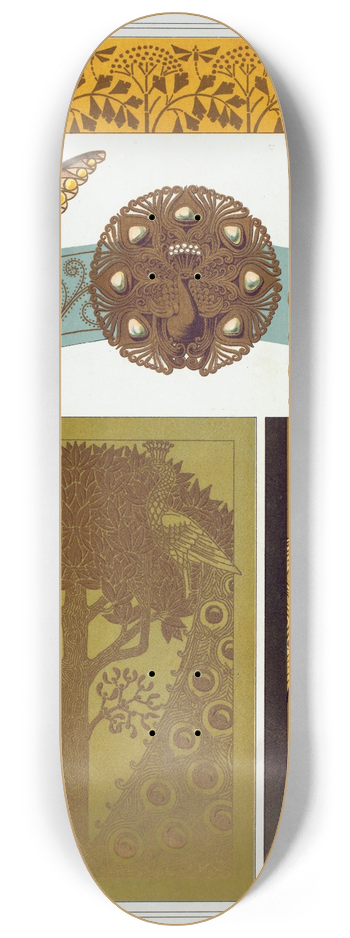Maurice Pillard Verneuil - Libellules, fer  dorer; papillon, paon, hippocampes et libellule, bijoux; paons, fer  dorer; chvres, bordure 8.25 inch art skate deck