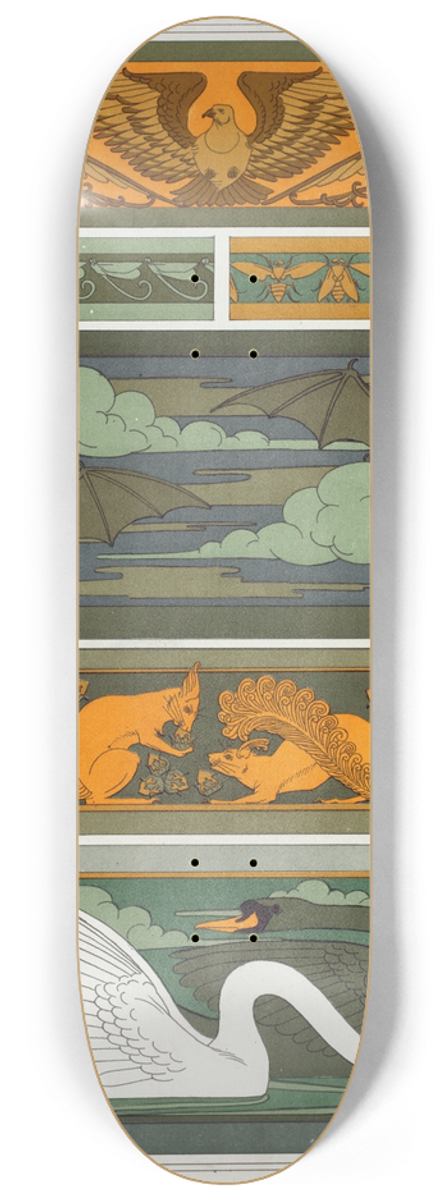 Maurice Pillard Verneuil - Oiseaux. Libellules. Mouches. Chauve-souris. cureuils et noisettes. Cygnes, bordures. 8.25 inch art skate deck