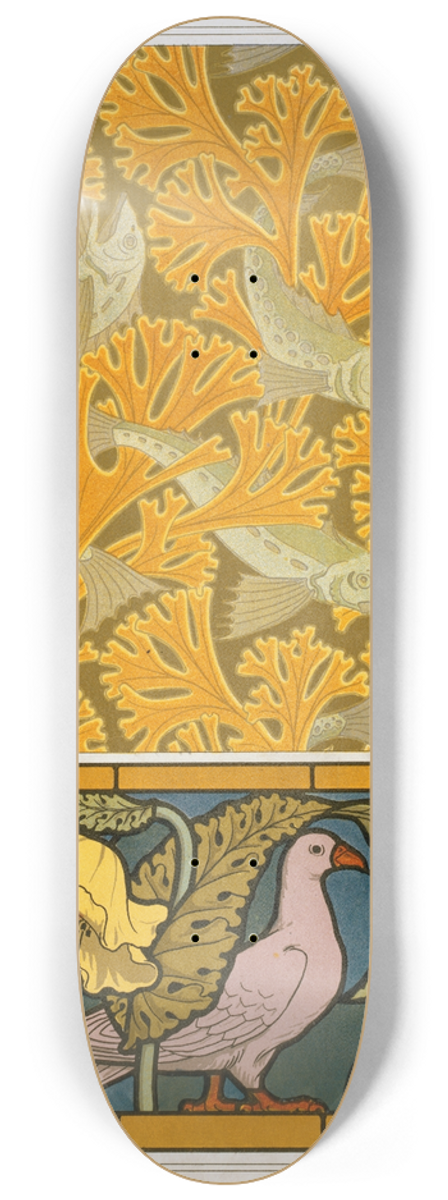Maurice Pillard Verneuil - Poisson et algues, papier peint; pigeon et pavots, bordure de vitrail 8.25 inch art skate deck