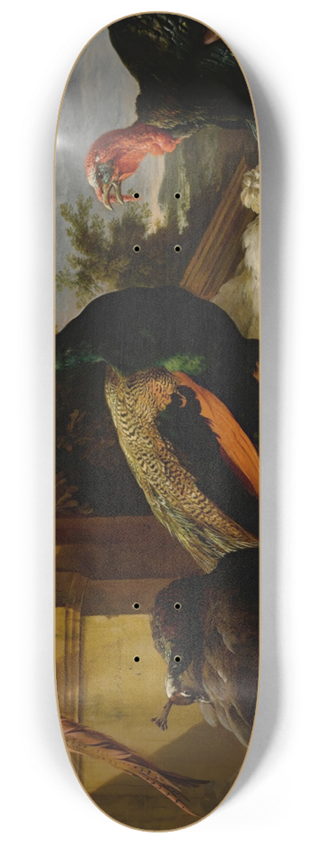 Melchior d'Hondecoeter - A peacock, pea-hen, pheasant, turkey, cockerel and chick by a wall, a landscape beyond 8.25 inch art skate deck