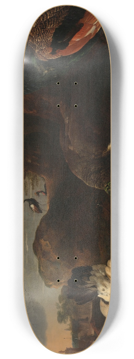 Melchior d'Hondecoeter - Two Peacocks Threatening a Hen with Chicks, Known as The Threatened Hen 8.25 inch art skate deck