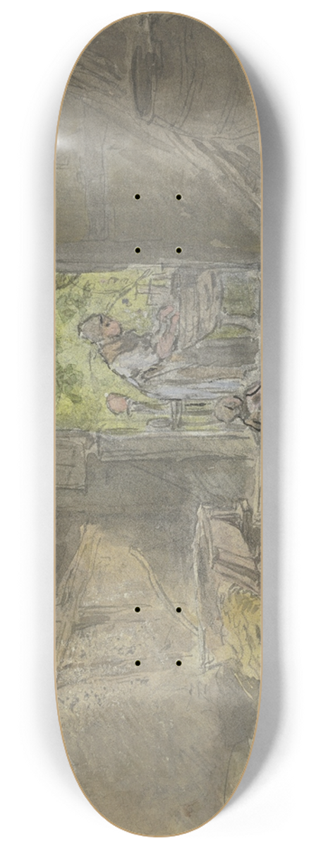 Anton Burger - Bauernsscheune, vor der geffneten Tr am Waschtrog eine Frau beschftigt 8.25 inch art skate deck