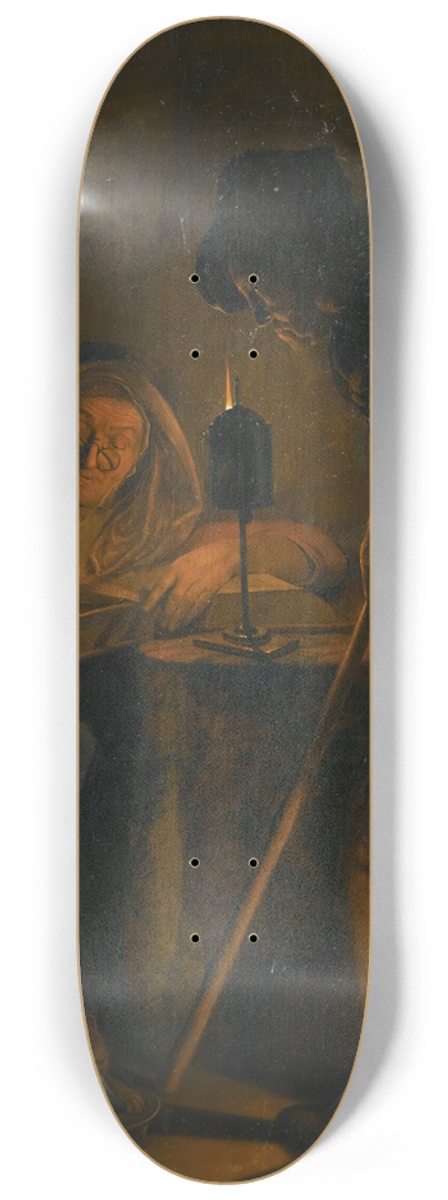 Michiel Versteegh - An Interior With An Old Woman Reading By Candlelight And A Man Holding A Lantern 8.25 inch art skate deck
