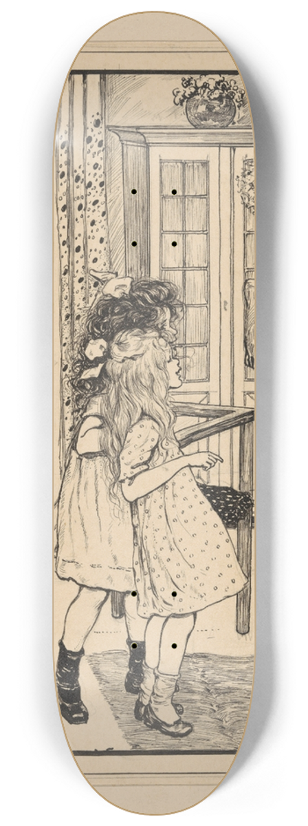 Nelly Spoor - Twee meisjes kijkend naar een vogel op een schouw 8.25 inch art skate deck